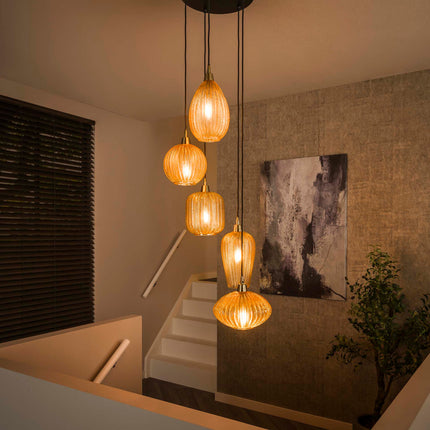 Pendant Lamp 5L V-shape pattern getrapt  Amber-Colored Glass