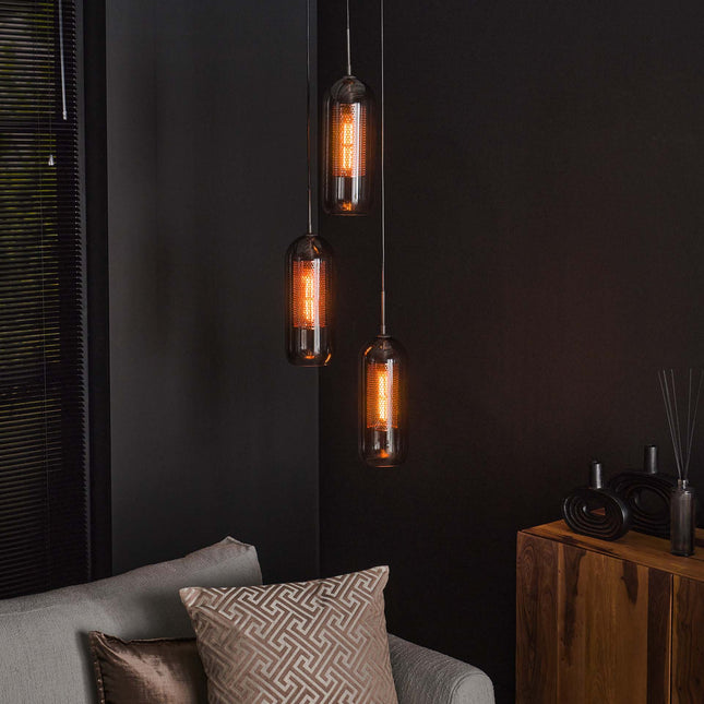 Pendant Lamp 3L getrapt smoke glas-geperforeerd staal  Arctic Black