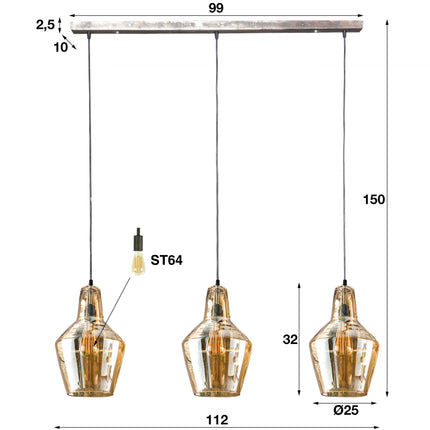 Pendant Lamp 3L amber glas kegel / Antique Silver