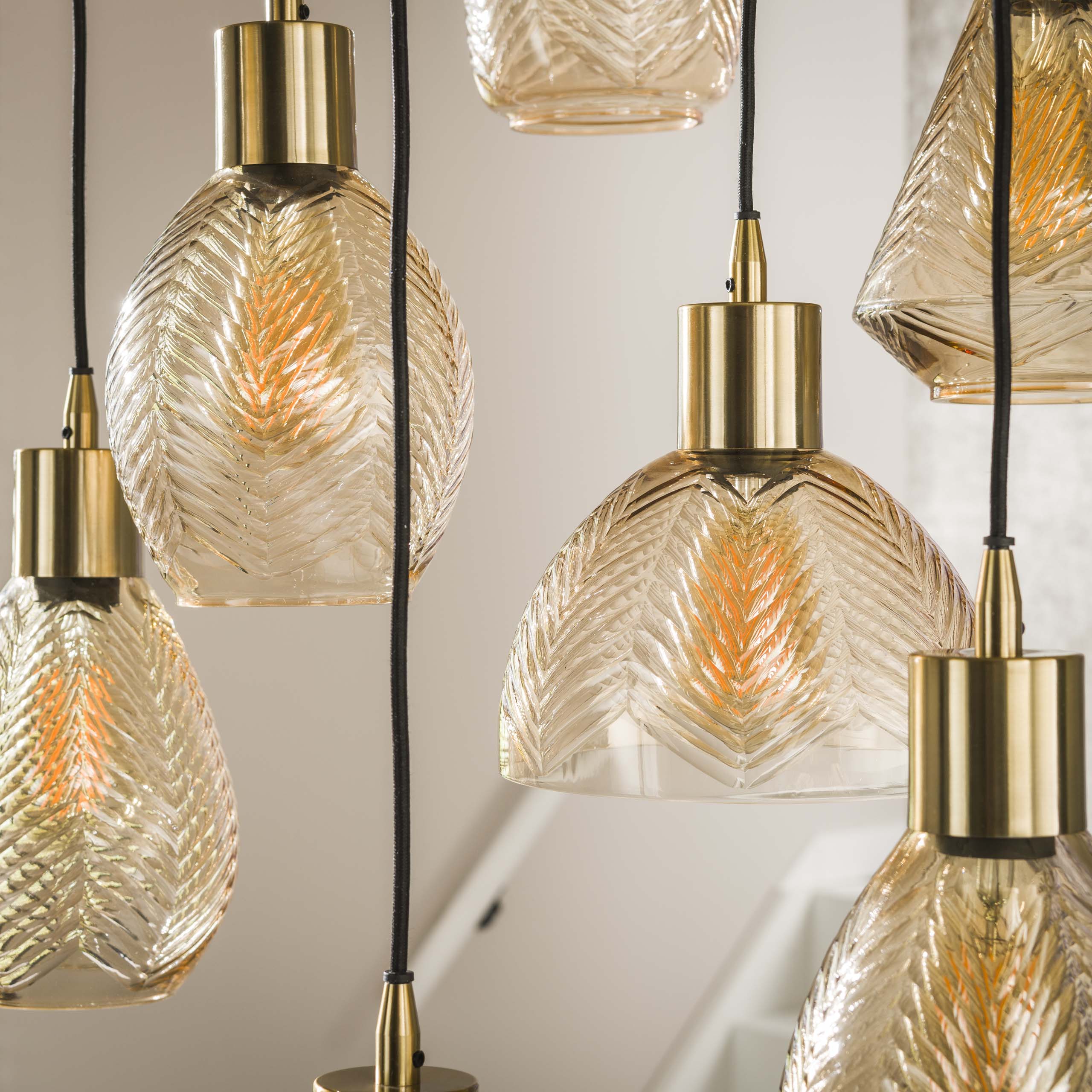 Lampe suspendue 9L feuille étagée / Verre couleur ambre