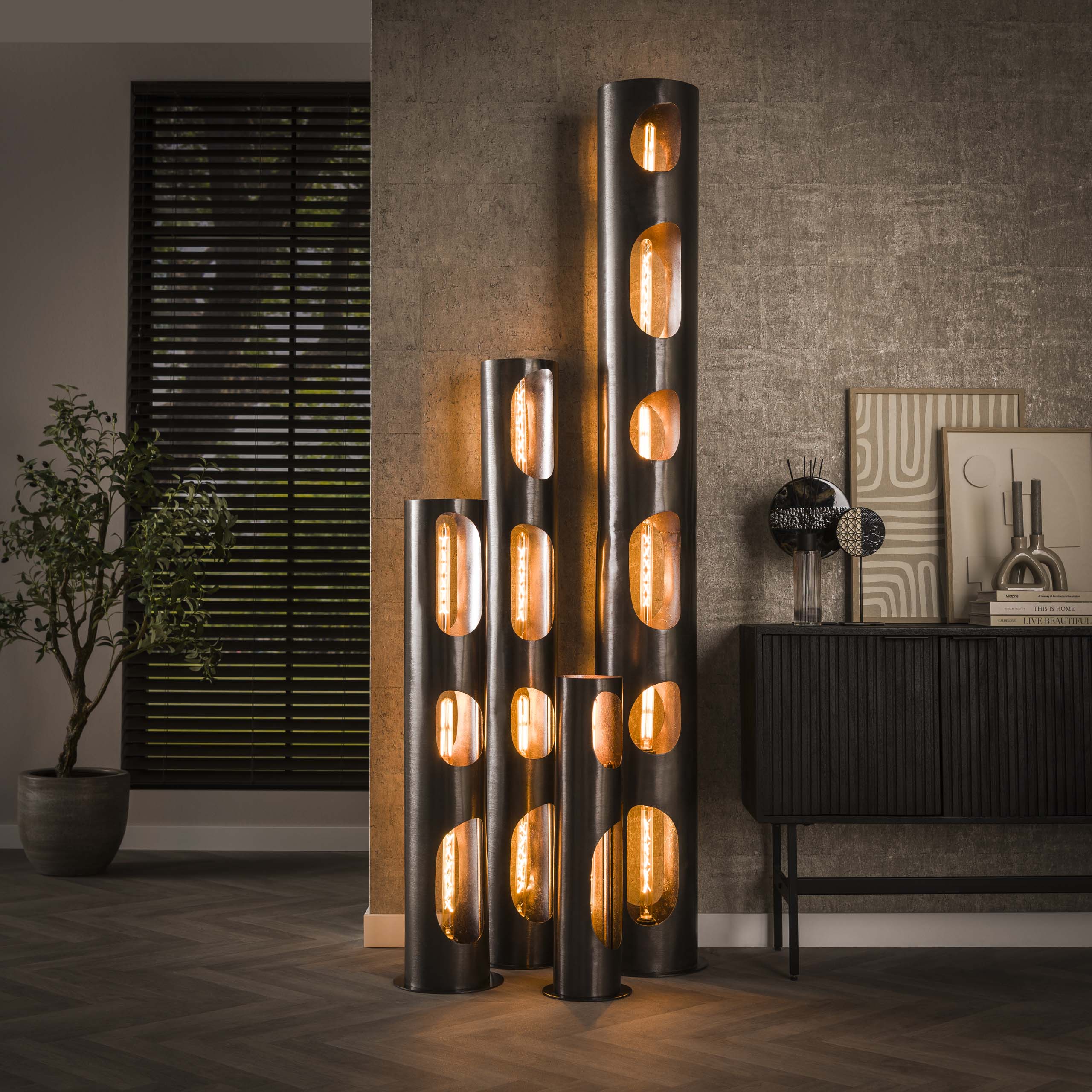Lampadaire Organic Cylindre 2 lumières - Nickel noir