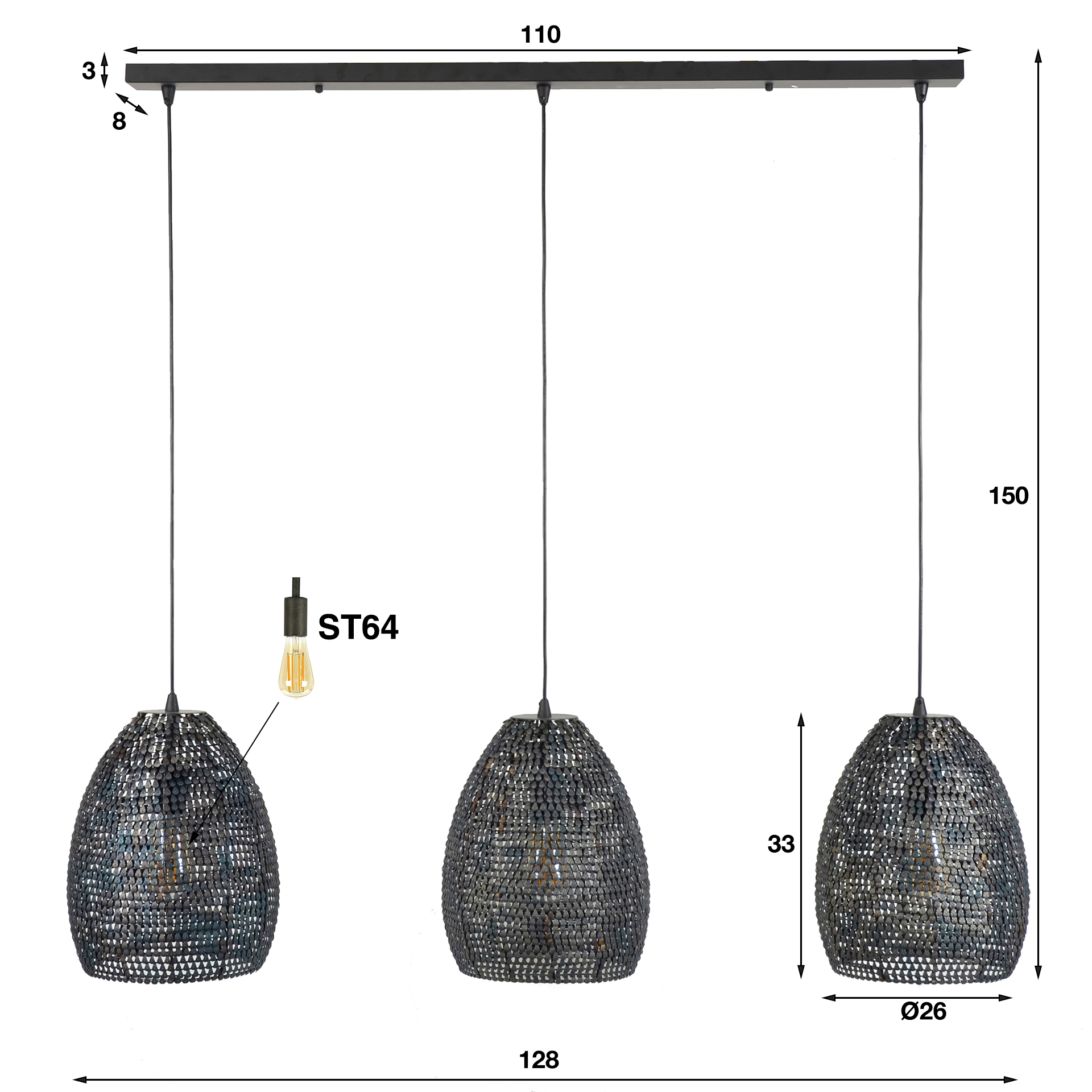 Lampe à suspension 3x Ø26 armor ovale / Noir marron