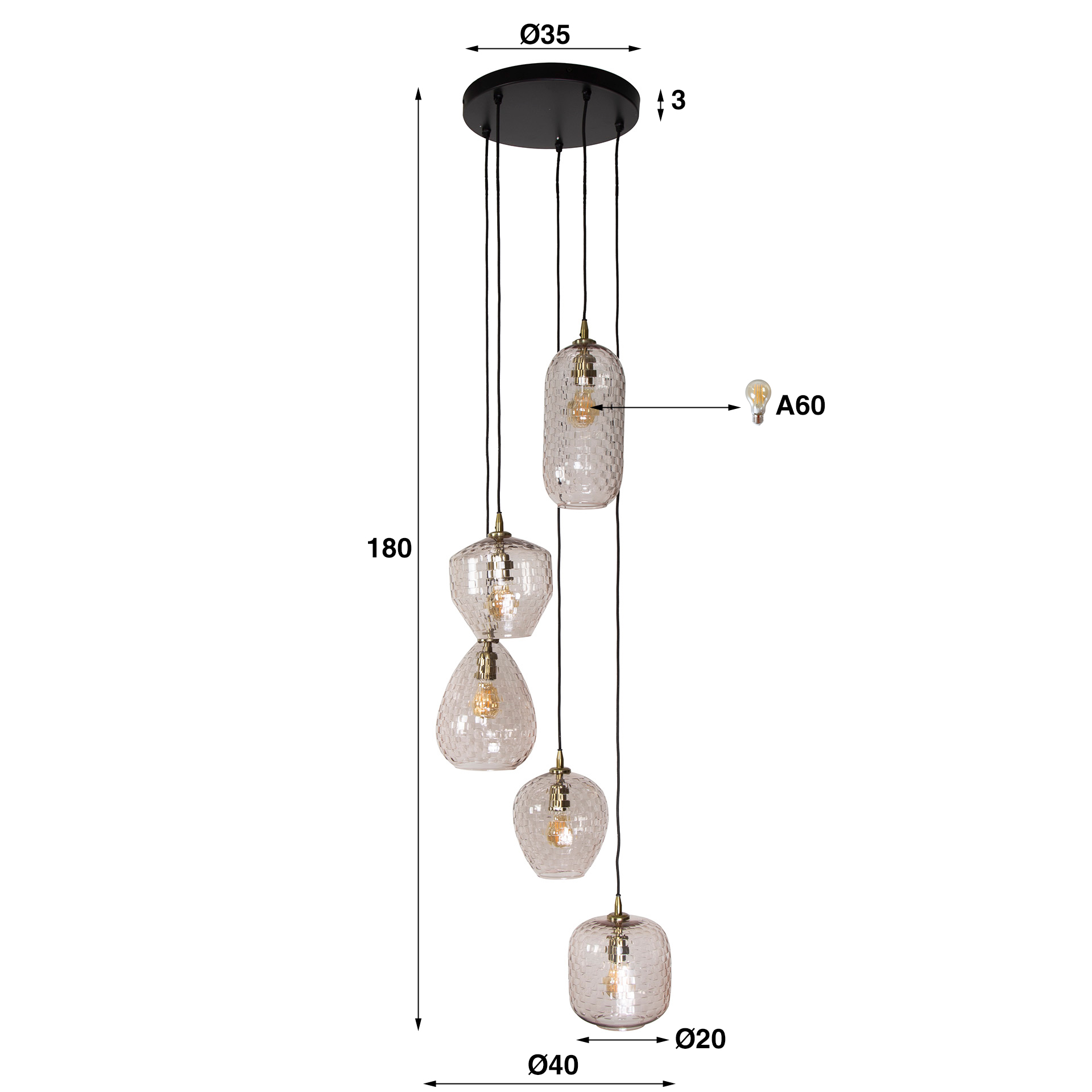 Lampe suspendue 5L motif patch étagé / Verre diamant