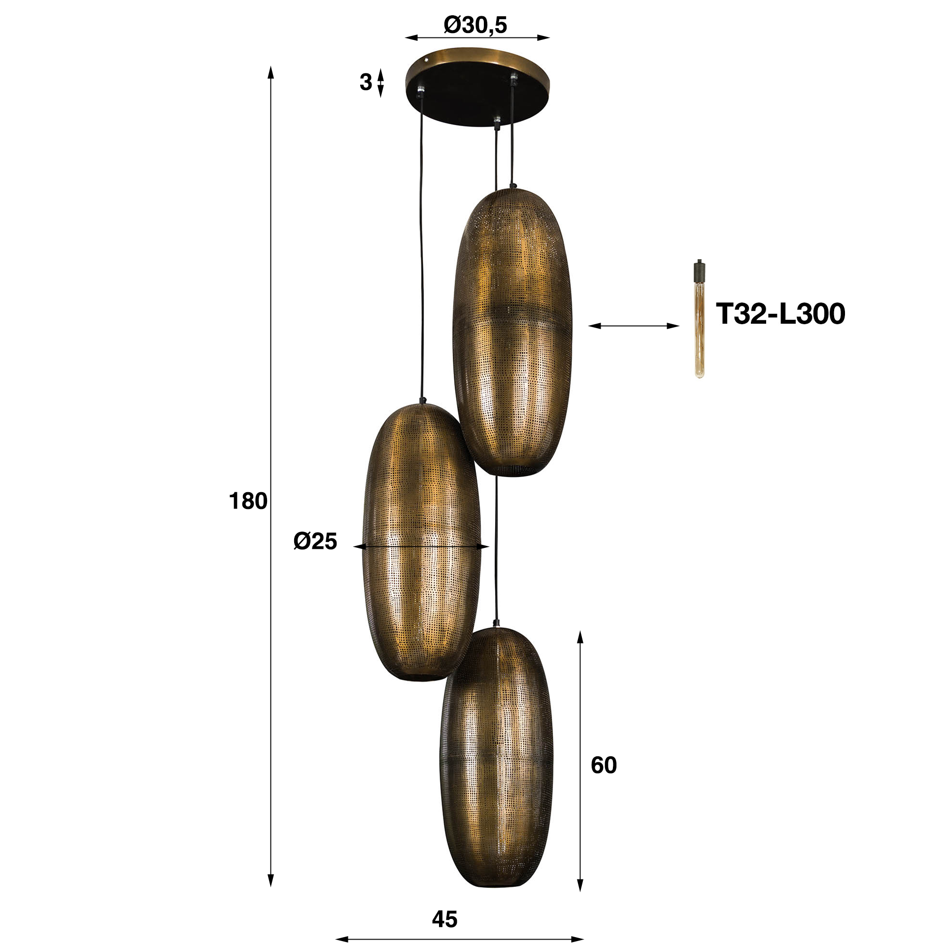 Lampe suspendue Cosmic à gradins 3 lumières - Bronze antique