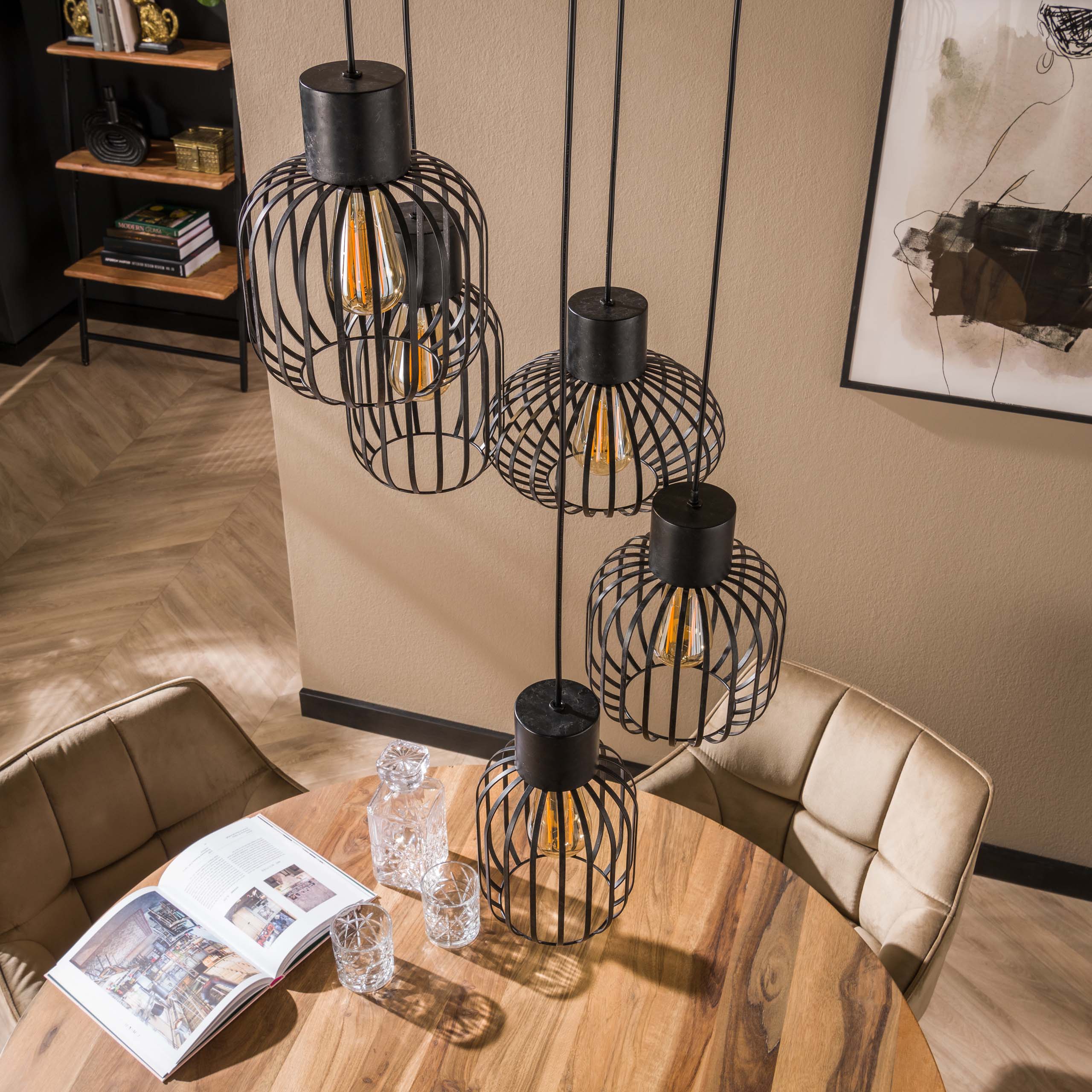 Lampe à suspension 5L étagée mix métal / Charbon