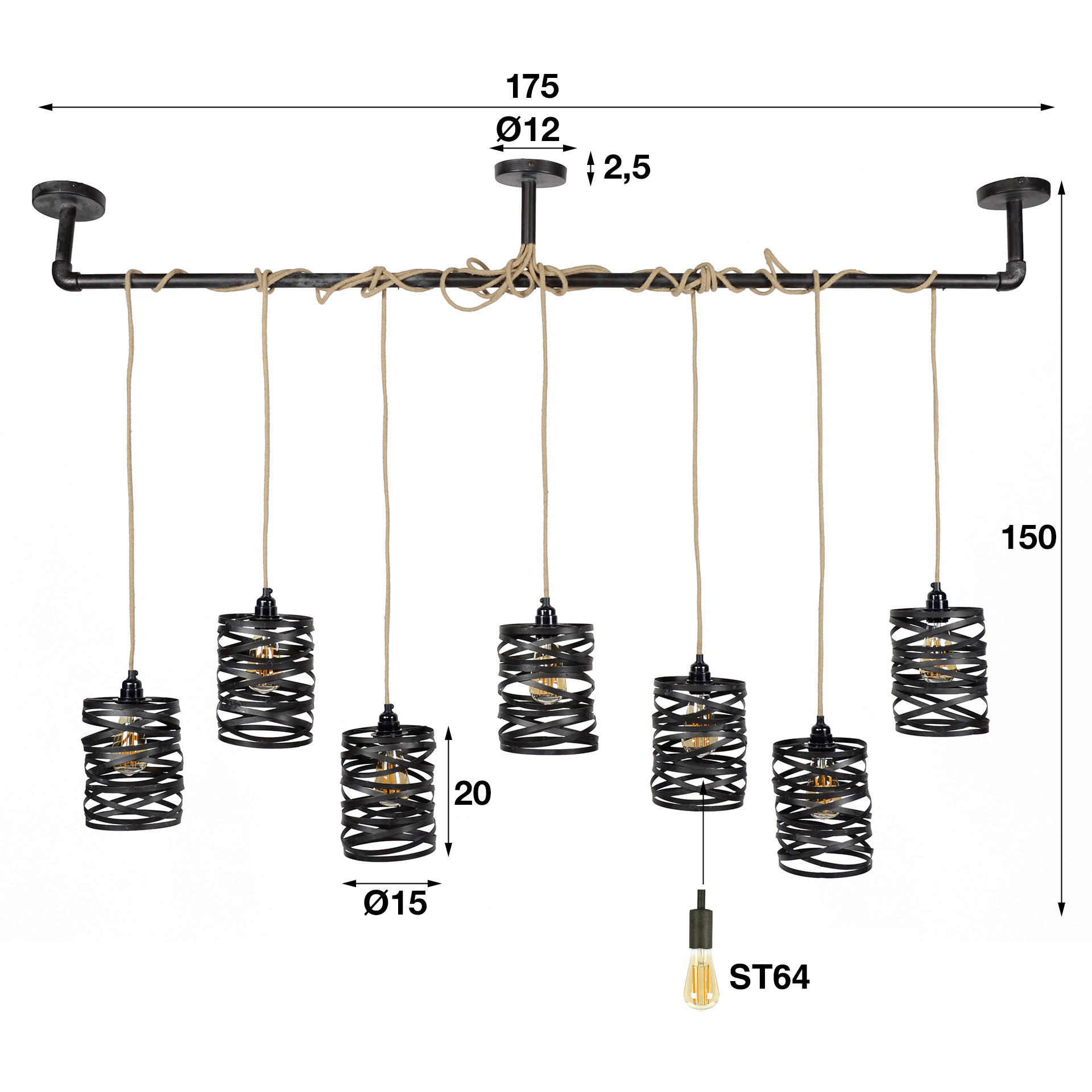 Lampe suspendue 7L twist wrap XL / Gris ardoise
