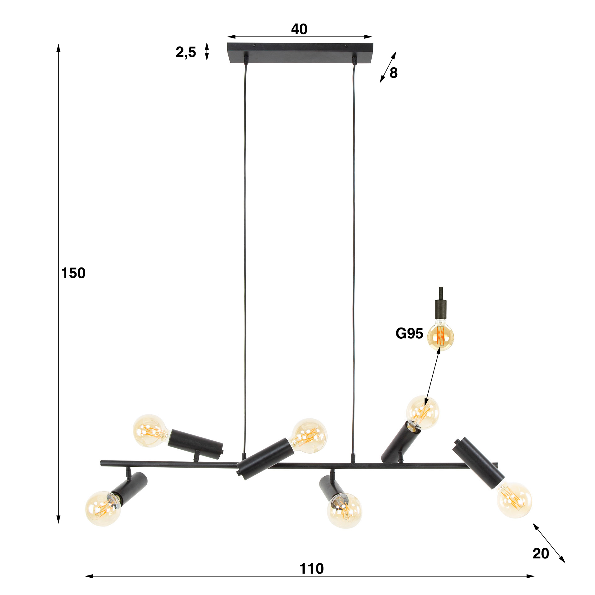 Lampe suspendue 6L point / Charbon