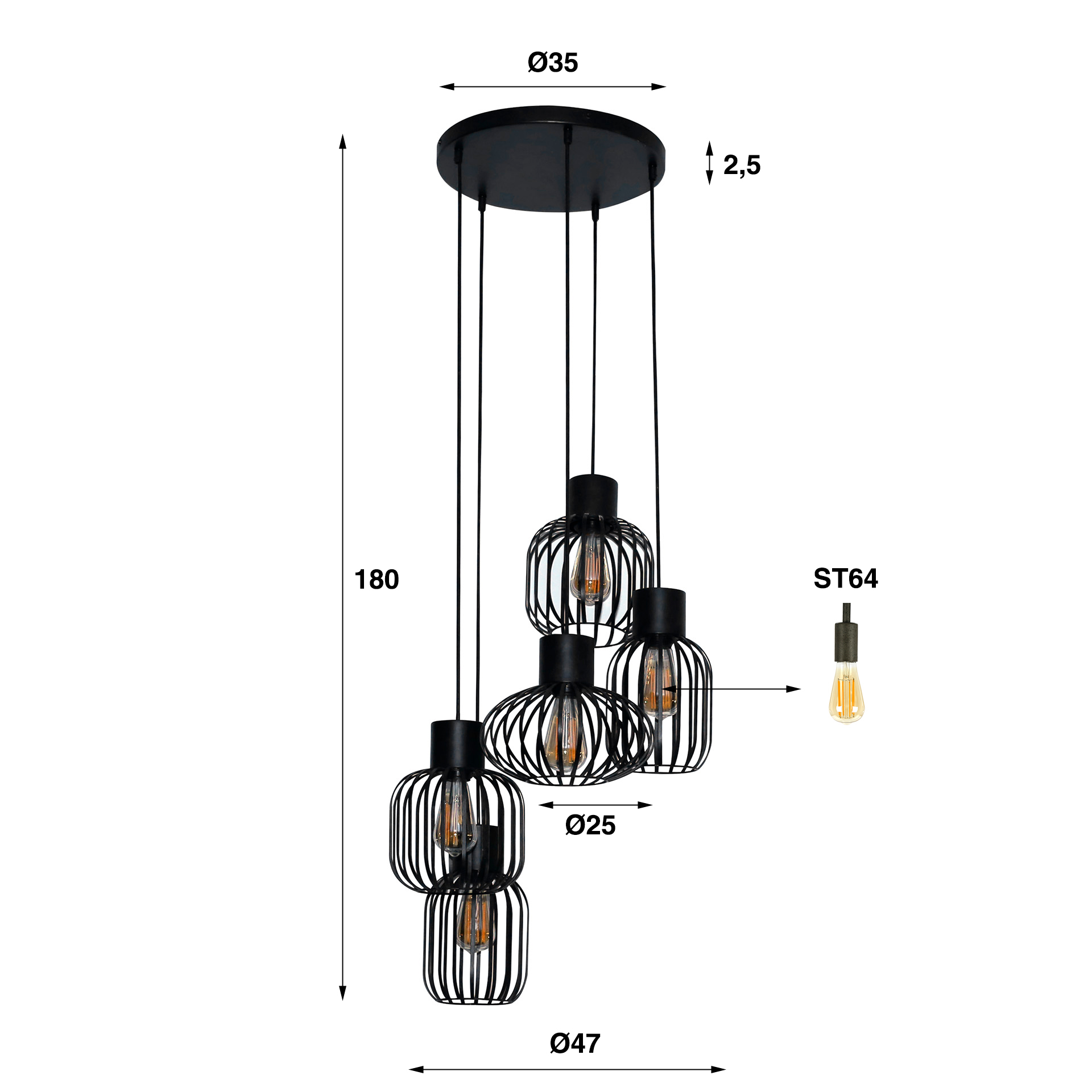 Lampe à suspension 5L étagée mix métal / Charbon