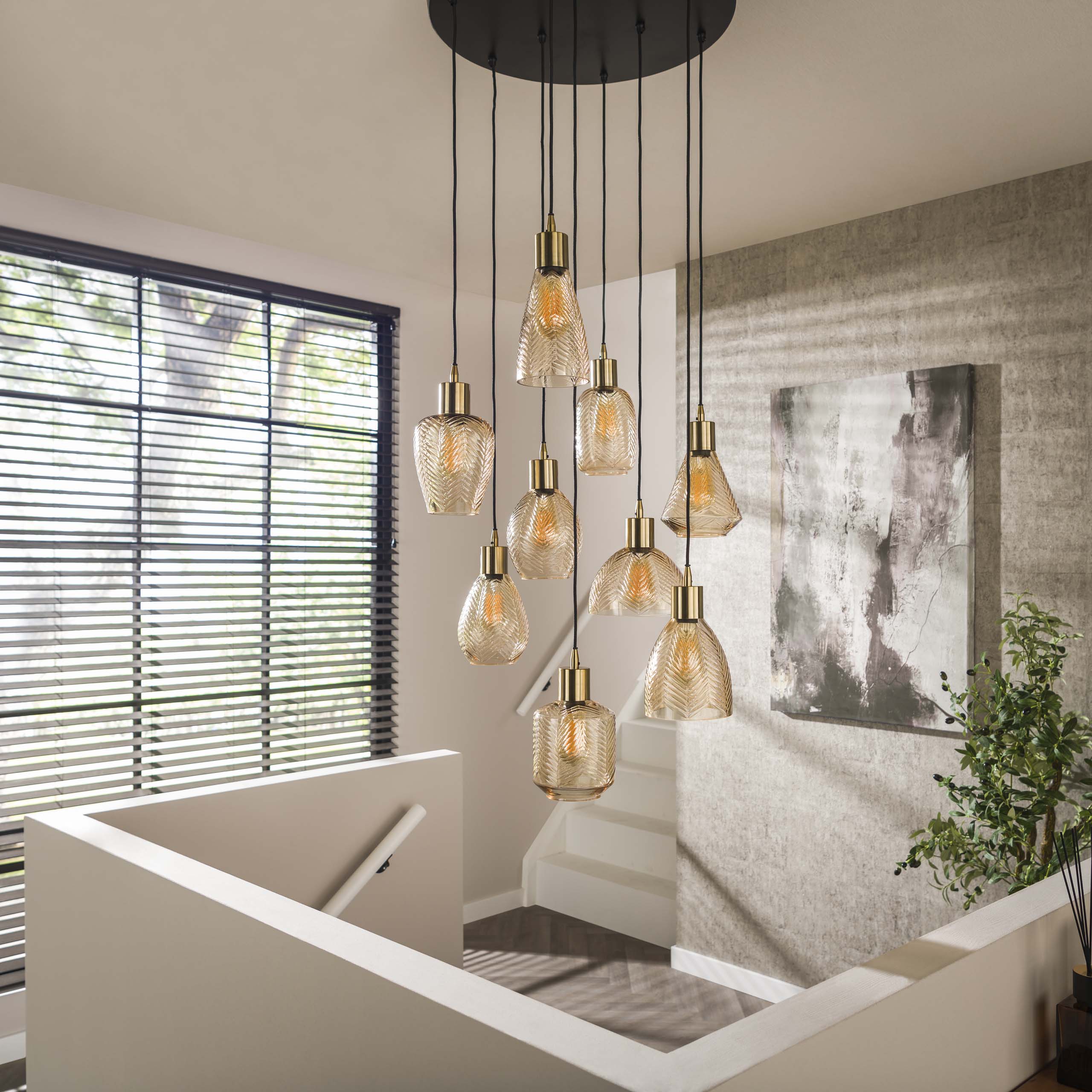 Lampe suspendue 9L feuille étagée / Verre couleur ambre
