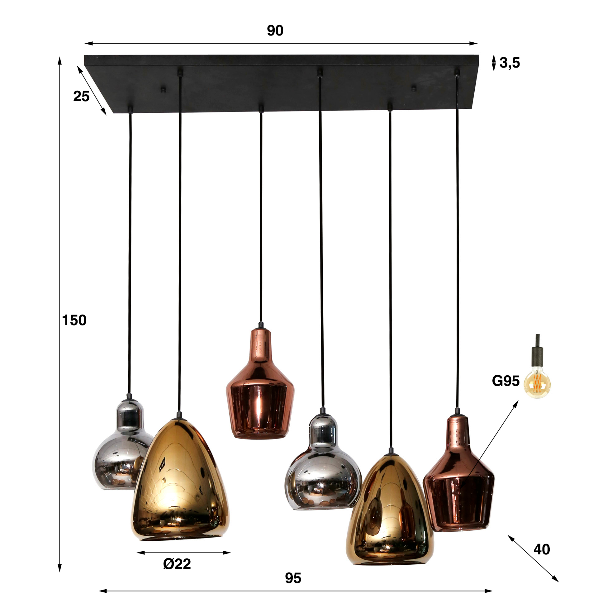 Lampe à suspension 3+3 mix verre tricolore / Artic noir