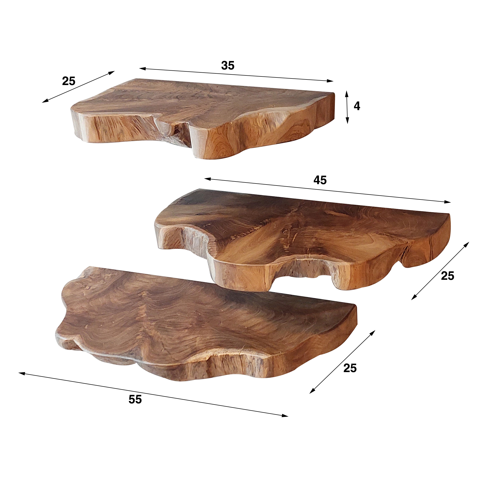 Etagère murale natural line set/3 / Bois de teck massif recyclé