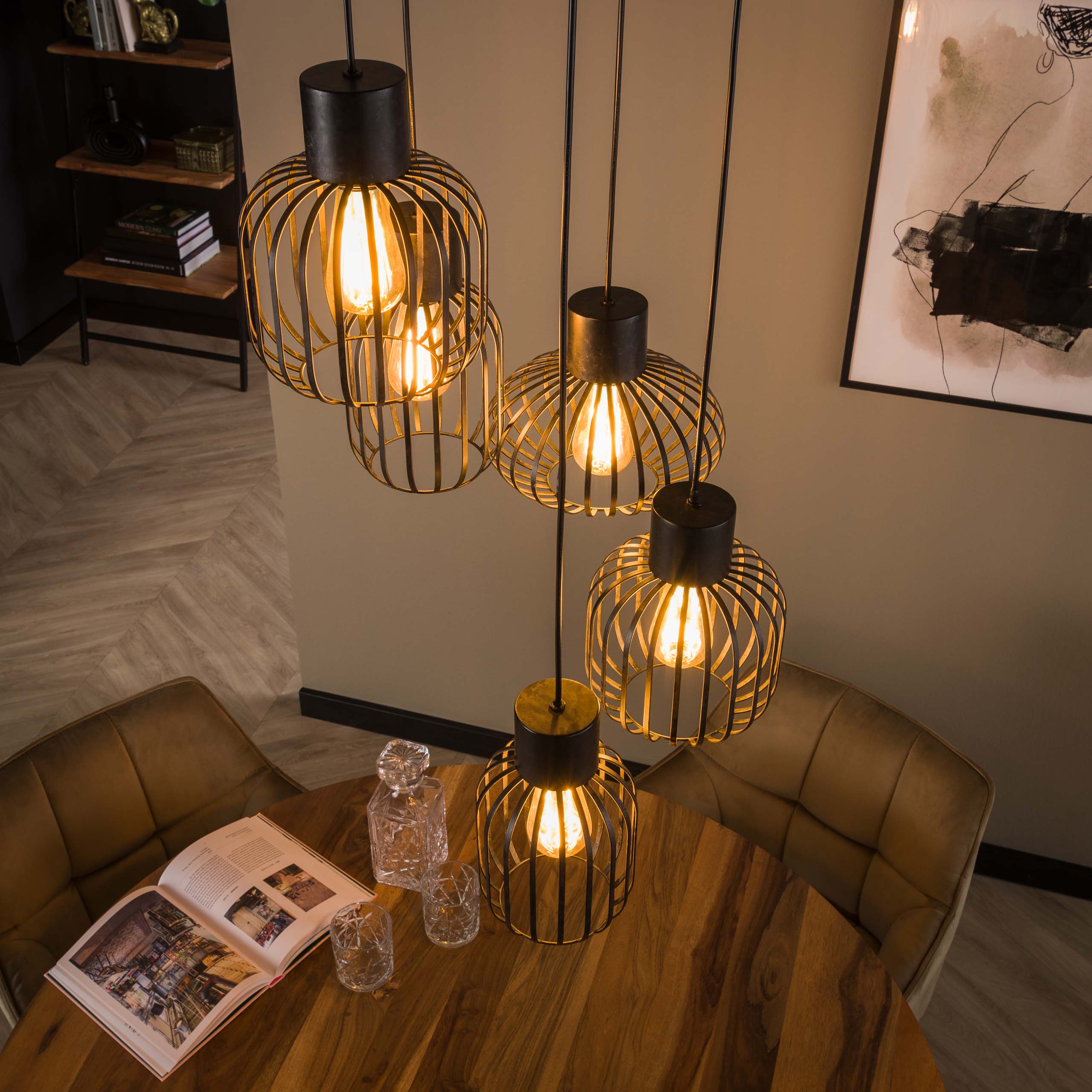Lampe à suspension 5L étagée mix métal / Charbon