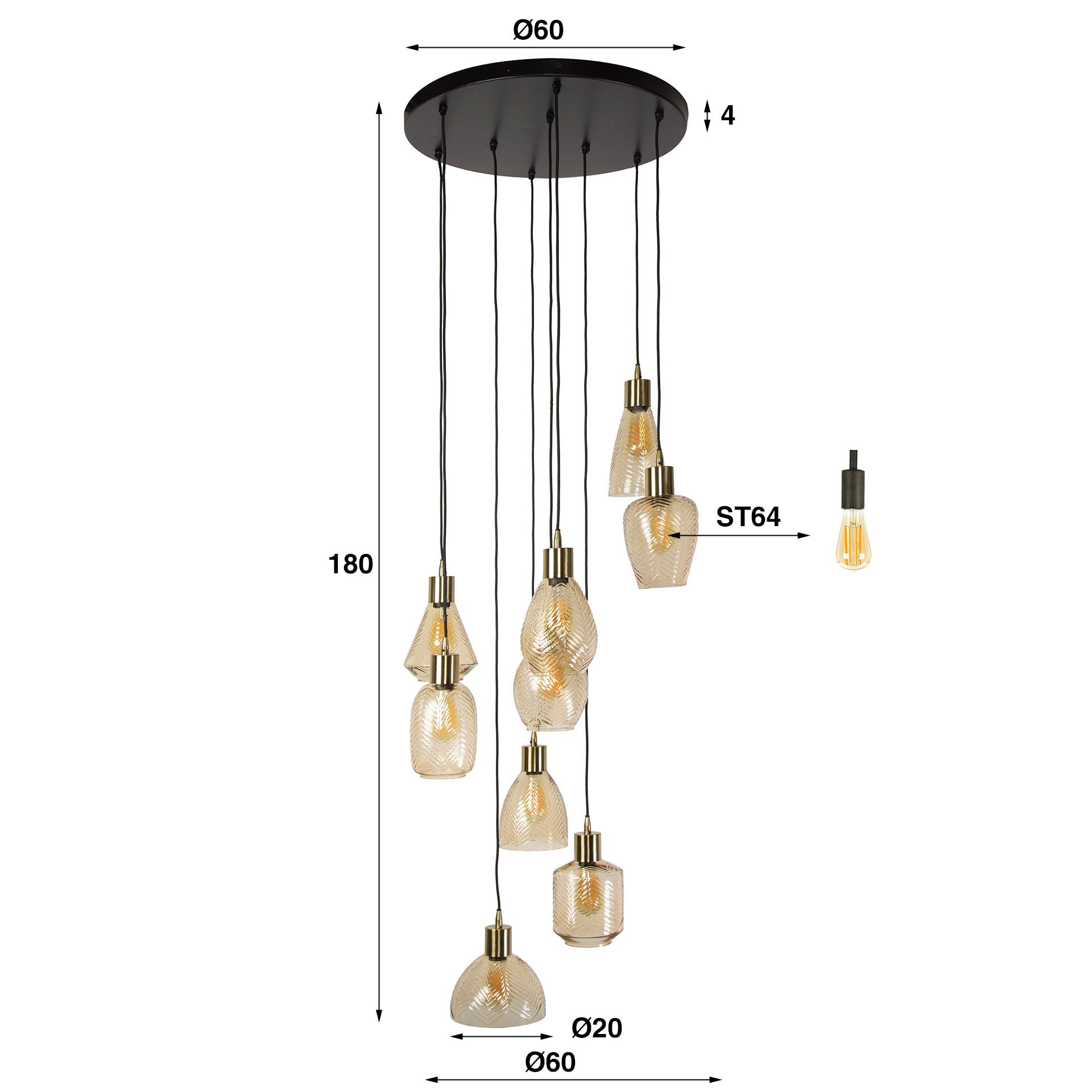 Lampe suspendue 9L feuille étagée / Verre couleur ambre