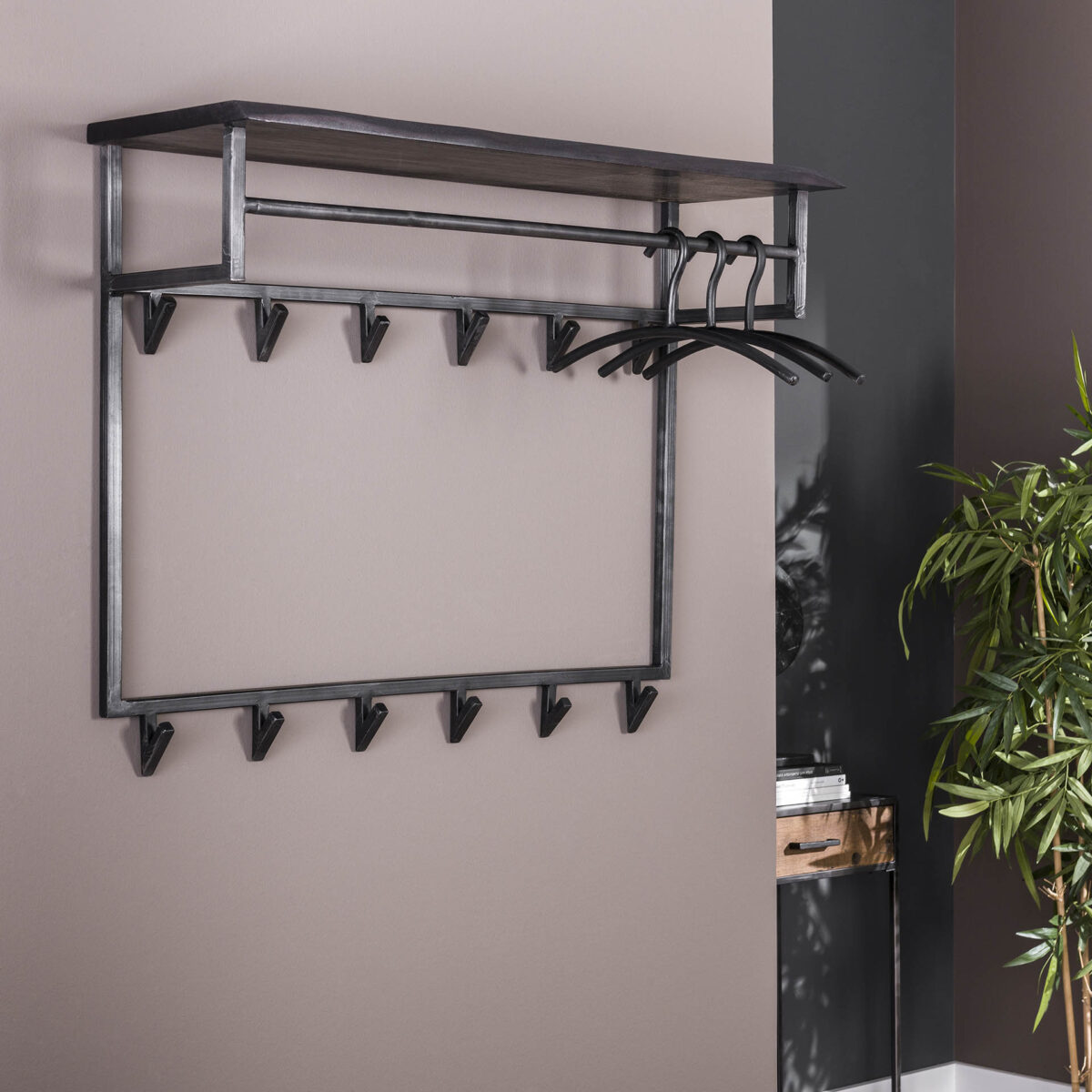 Porte-manteau yucon hoog 12 haken hoedenplank / Solid Acacia (Black) – Image 2
