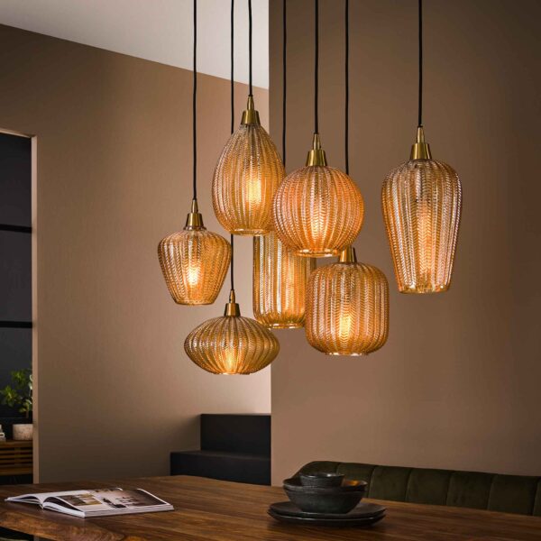 Lampe suspendue 4+3 V-shape pattern mix / Verre de couleur ambre