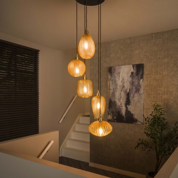 Lampe suspendue 5L V-shape pattern getrapt / Verre de couleur ambre