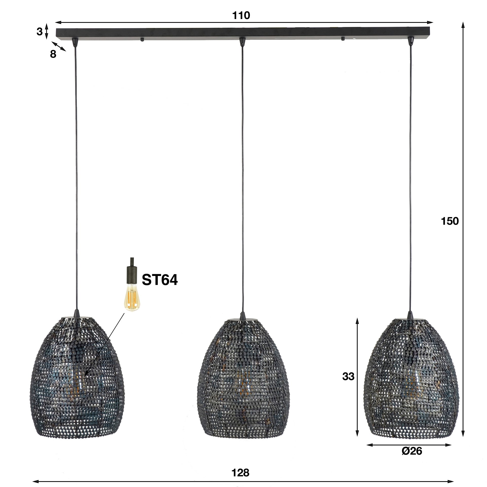 Lampe suspendue 3x Ø26 armor ovaal / Black Brun – Image 4