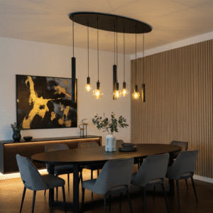 Suspension design 8 lampes – Noir & verre ambré – 140 cm
