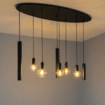 Suspension design 8 lampes – Noir & verre ambré – 140 cm – Image 3