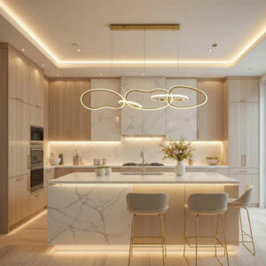 Suspension Aurora – Design 5 anneaux dorés – 120 cm